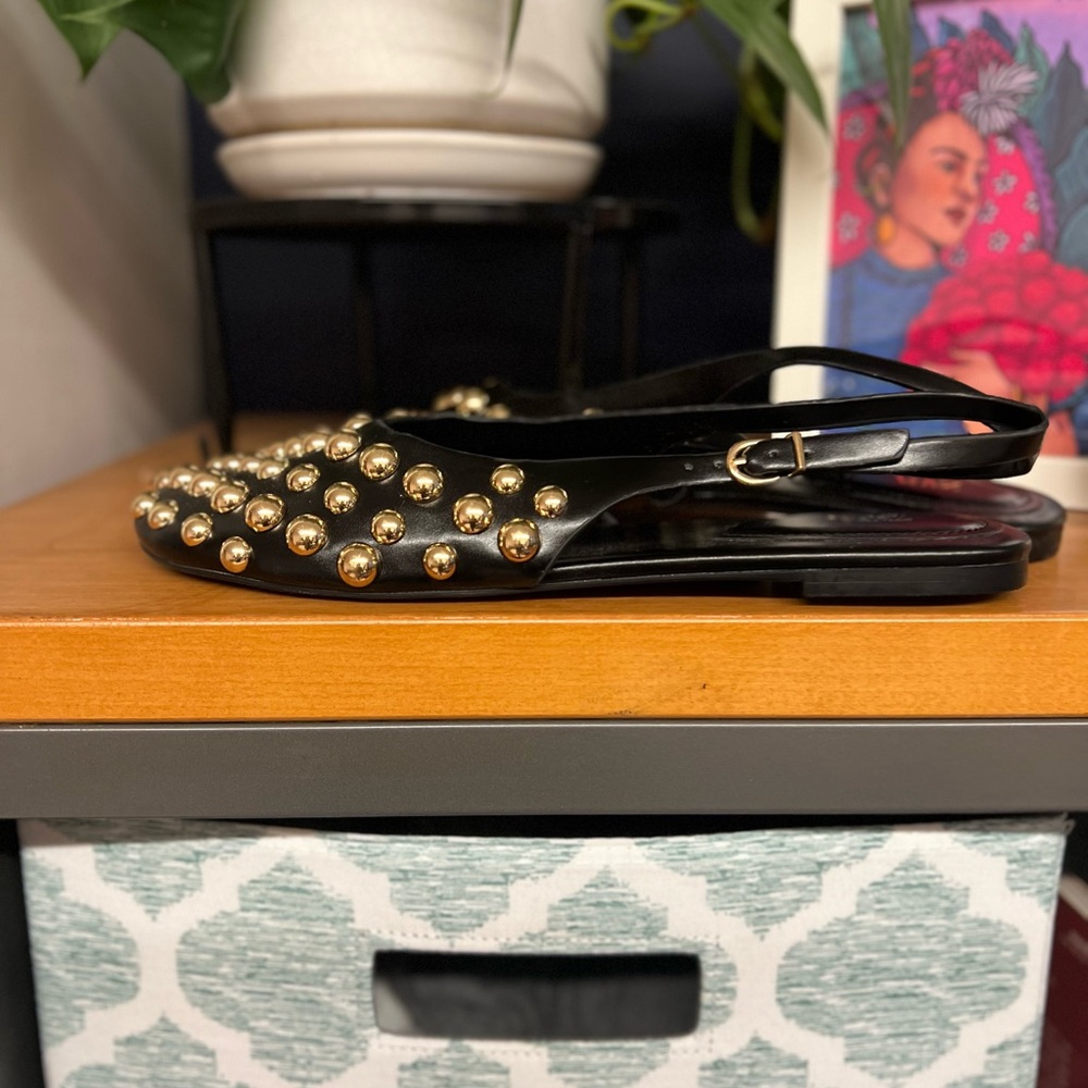 Zara brand New Women's Black Flats with Gold Studs - Picture 3 of 5